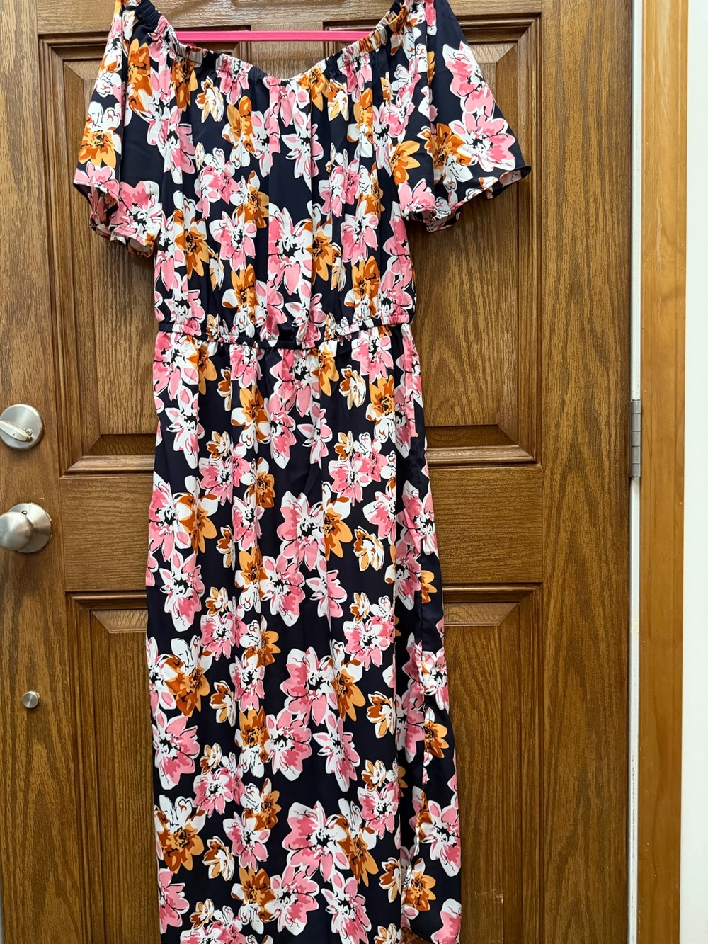 Off-Shoulder Floral Midi Dress in Black with Pink & Orange Flowers